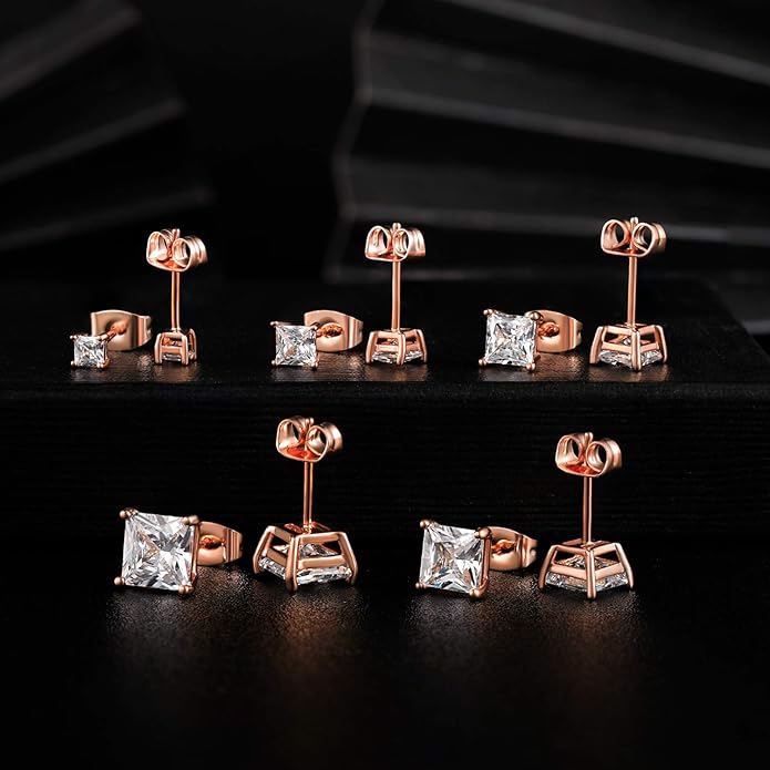 MDFUN 5 Pairs Square Earrings Set for Women Hypoallergenic 18K White Gold/Yellow Gold/Rose Gold Plated Princess Cut Clear Cubic Zirconia Stud Earring 3-7MM Pack of 5