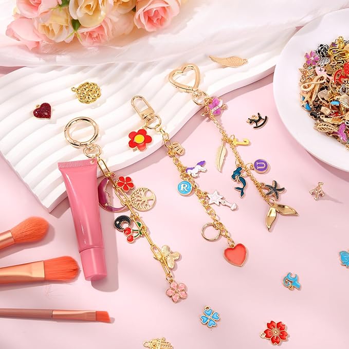 VioraWhite Lip Gloss Charm Kit Lip Gloss Keychain Making Kit Including Assorted Charms Keychain Clips Extender Chain(944 Pcs,Classic Style)
