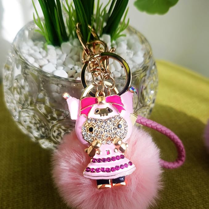 Cute Keychain for Women with Braided Rope, PomPom and Sparkling Rhinestones - Kawaii Charm for Kinds of Bags