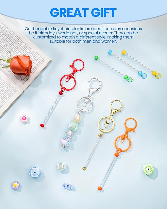 RQAYE 30pcs Beadable Keychains Keychain Bulk kit Cute Blank Bead Keychain Strip DIY Men's and Women's Making Supplies Crafts, Jewelry, Bag Accessories, Customized Project Gifts (Gold)
