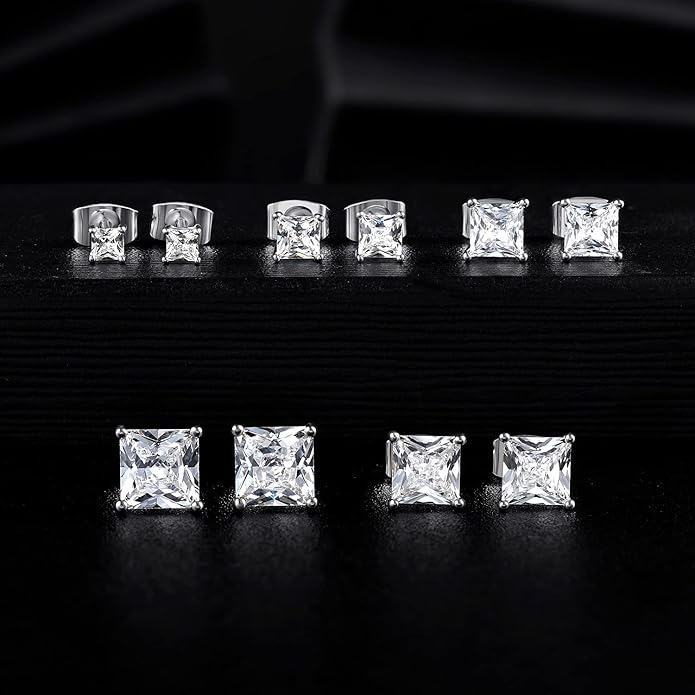 MDFUN 5 Pairs Square Earrings Set for Women Hypoallergenic 18K White Gold/Yellow Gold/Rose Gold Plated Princess Cut Clear Cubic Zirconia Stud Earring 3-7MM Pack of 5