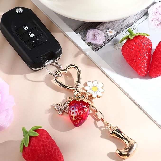 Strawberry Initial Keychain for Women-Cute Kawaii Gold Alphabet Bag Charms, Key chain Gift for Purse Handbag