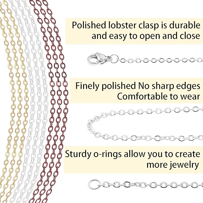 Jishi 30ft Jewelry Making Chains Bulk 2mm Necklace Chains for Jewelry Making Supplies, DIY Craft Earring Bracelet Making Findings, 3-Colors Gold Silver Copper Plated Metal Rolo Cable Link Chain Rolls