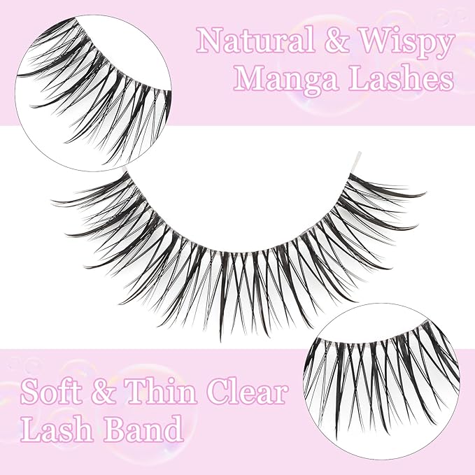 outopen 10 Pairs Manga Lashes Natural Look Clear Band Lashes Japanese Anime Eyelashes Asian Style False Eyelashes Wispy Thin Band False Lashes Korean Makeup Fake Eyelashes Fairy Lash Clusters