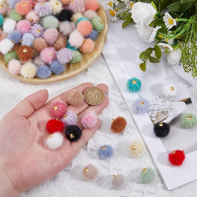 100pcs Pom Poms Ball Charms Colorful Fluffy Plush Balls with Tiny Loop Round Faux Fur Fluffy Pendant Ball Charms for Keychain Earring Necklace