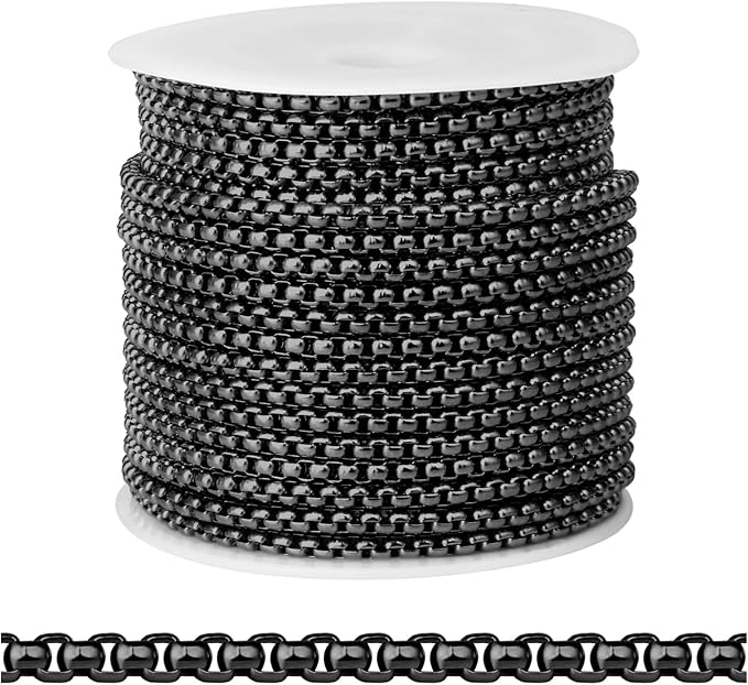 [33FT] Gunmetal Stainless Steel Rolo Box Chains for Jewelry Making, 2.5mm Wide 304 Stainless Steel Rolo Link Chain Roll Bulk for DIY Jewelry Making Craft