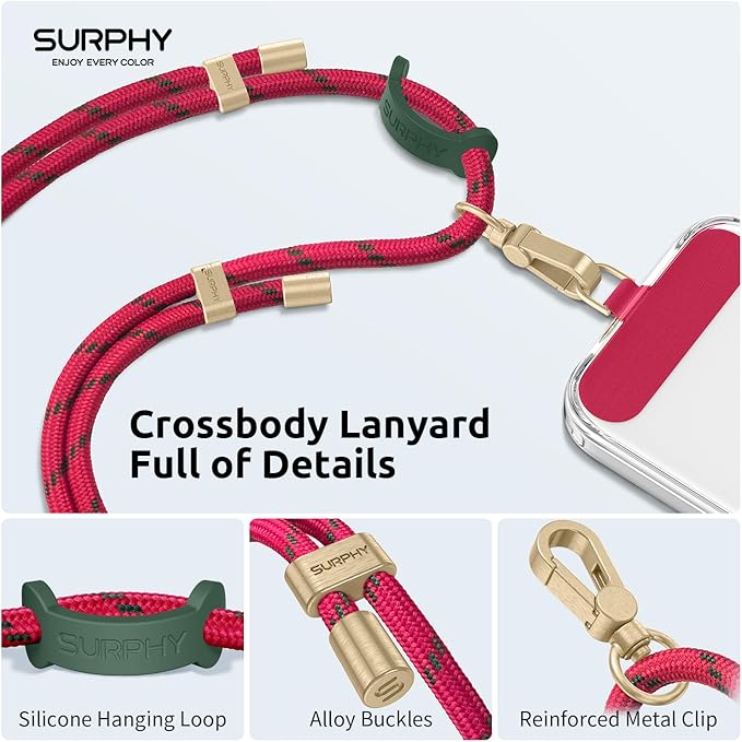 SURPHY Phone Lanyard Crossbody, Adjustable Cell Phone Lanyard with 2 Pack Phone Tether Tab, Two-Color Braided Phone Strap (Christmas Red)