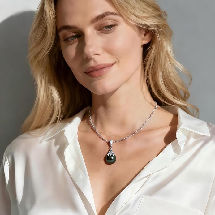 Genuine Tahitian Black Pearl Necklace for Women, 9-13mm AAAA Seawater Pearl - Sterling Silver Moissanite Pendant, Wedding Anniversary, Birthday, Christmas Gift for Wife, Mom, Girlfriend, Fine Jewelry