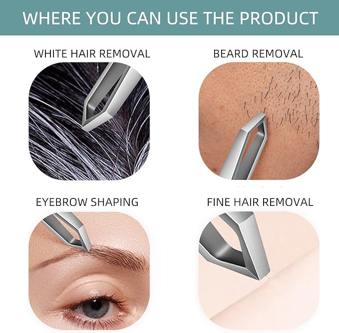 AUSOMTEK Beard Tweezers, White Hair Plucking, Fine Hair Removal, Eyebrows Shaping Tool, 5mm Tip, Stainless Steel, Cyan PU Case 1Pack