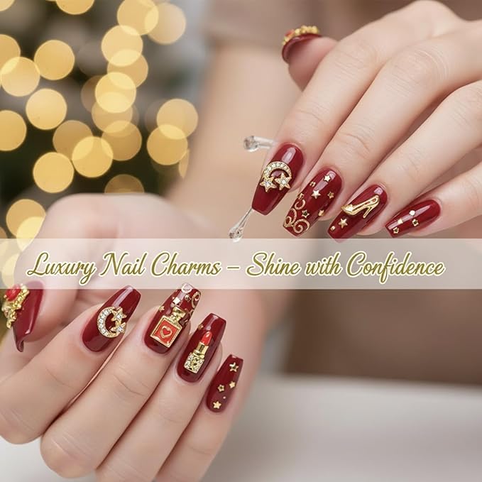 100 Pcs Gold Red Nail Charms Y2K with Lipsticks, Wine Bottles, Wine Cups, Lips, Tulips, Stars, High Heels, Perfume Bottle