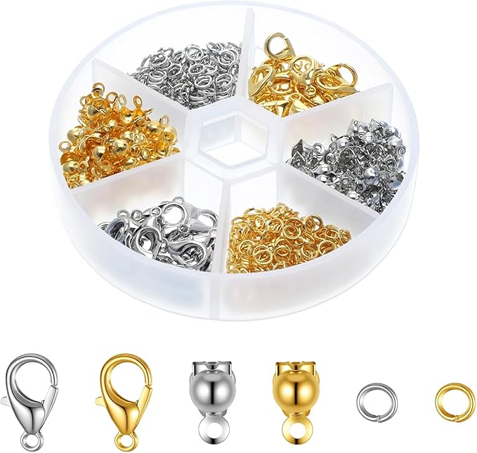 570 Pcs Lobster Claw Clasps Set with 4mm Open Jump Rings Connectors and 4mm Bead Tips Knot Covers for Jewelry Making Kit Jewelry Clasps DIY Craft (Gold,Silver)