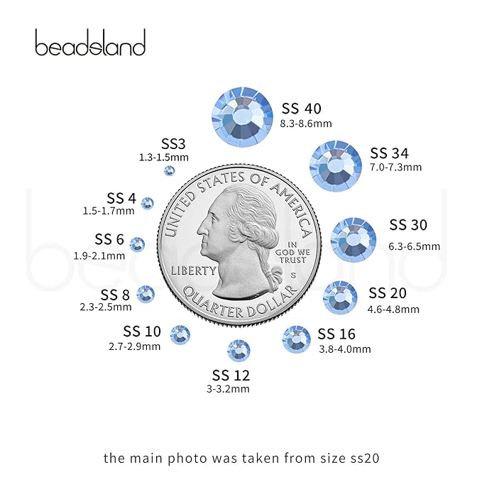 Beadsland 288pcs Flat Back Crystal Rhinestones Round Gems for Nail Art and Craft Glue Fix, Light Blue, SS34, 7.1-7.3mm
