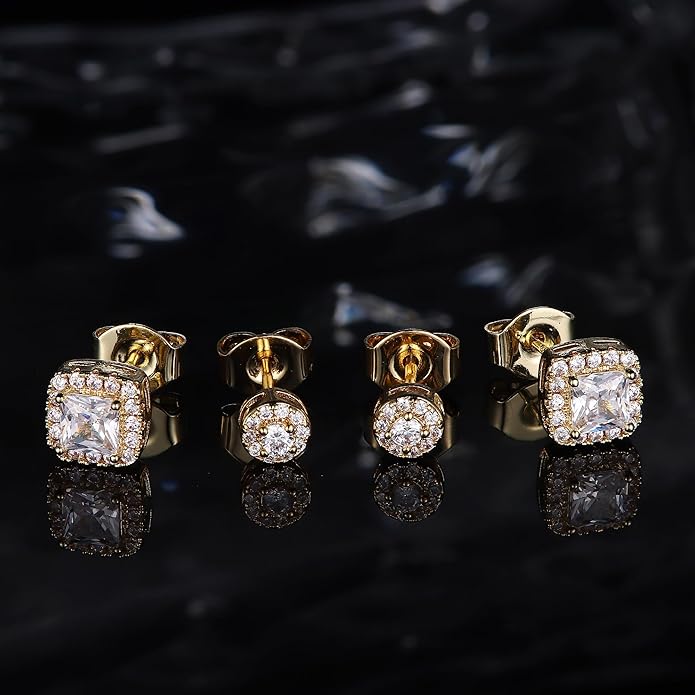 Hayoso 18K Gold Plated Halo Stud Earrings 925 Sterling Silver Cubic Zirconia Stud Earrings Round Square Diamonique Stud Earrings Set for Women Men