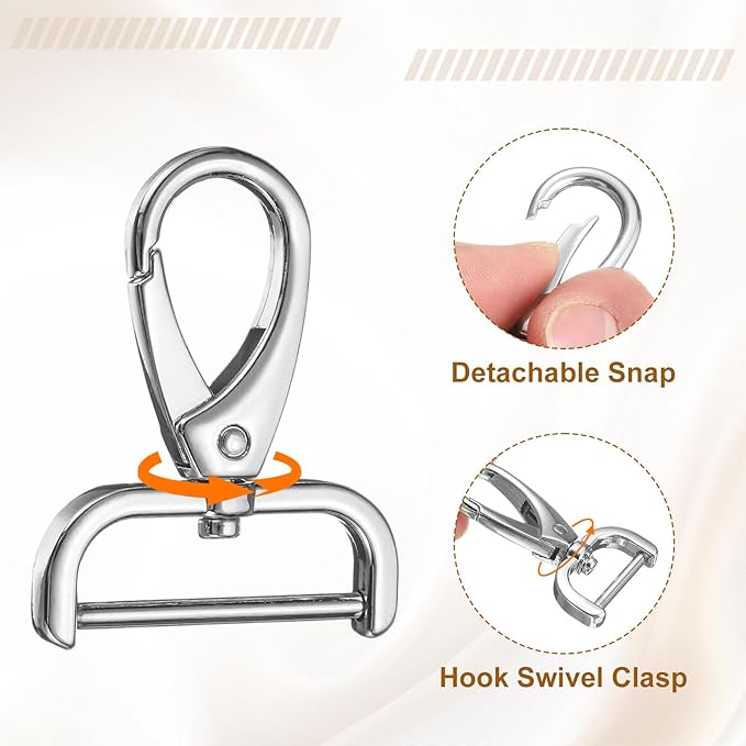 HARFINGTON 2Pcs Detachable Snap Hook Swivel Clasp 1 1/4" D Ring with Swivel Lobster Claw Clasps Hook for Purse Strap Keychain Bag DIY Craft, Silver