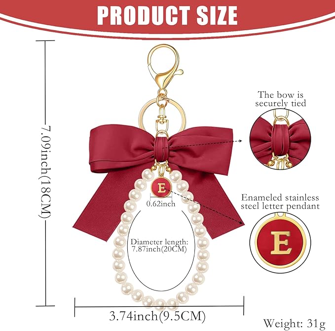 XGALBLA Initial Letter Cute Coquette Bow Keychain for Women, Wristlet Simulated Pearl Keychains Bag Charms for Handbags