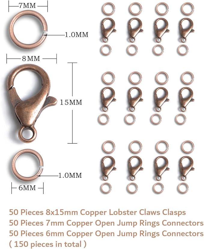 AD Beads 50 Pieces Lobster Claws Clasps Plus 100 Pieces 7mm Match Color Open Jump Rings Suitable for Necklaces Bracelets Jewelry (8x15mm, Copper)