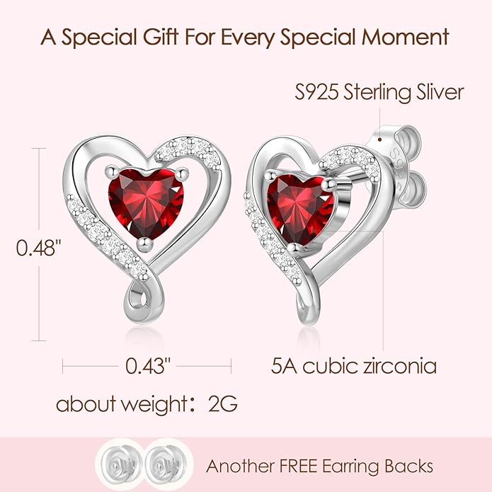 Zifeel Earrings for Women, S925 Sterling Silver Rose Gold Birthstone Heart Studs Earring for Girlfriend Wife, Anniversary Birthday Christmas Valentines Mothers Day Gifts Jewelry for Women Wife Her Mom