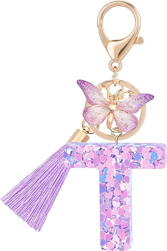Initial letter Keychains for Women Girls Tassel Butterfly Cute Keychain for Wallet Backpack charm