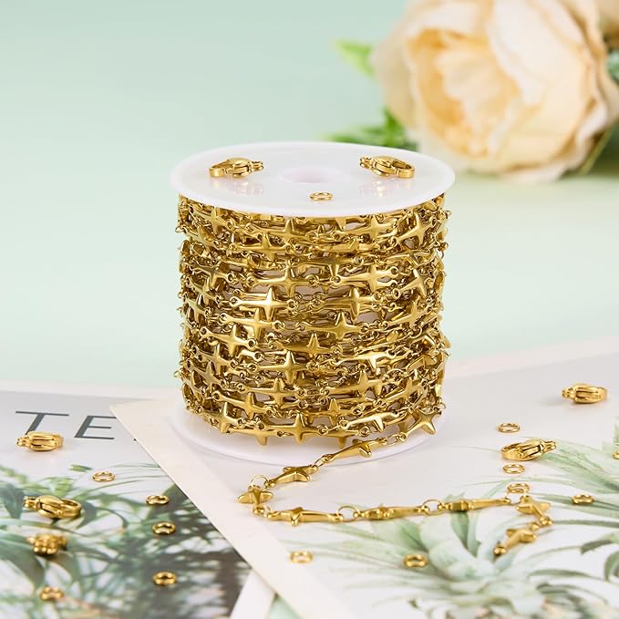 UMAOKANG 13 Feet Gold Plated Stainless Steel Jewelry Making Chain Roll Cross Chain Link for Jewelry DIY with Jump Rings and Lobster Clasps