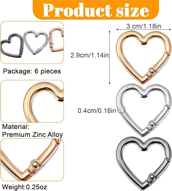 6 Pcs Heart Carabiner Keychain Clip Cute Keychain Hook 1.18 Inch Large Heart Shaped Carabiner Key Ring for Camping Accessories, Backpack Water Bottle Zinc Alloy Accessory (Gold, Silver, Black)