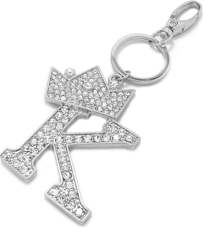 CBC Crown Crystal Rhinestone Letter Initial Keychain, Gold Metal, Bag Charm with Key Ring Approx. 2.17" x 2.56"