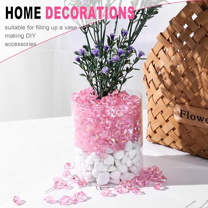 DomeStar 550PCS Bright Pink Vase Fillers, Acrylic Fake Crushed Ice Rocks Pink Gems Crystals Plastic Diamonds for Vase Fillers Centerpiece Fish Tank Table Scatter Photography Props Display Decoration
