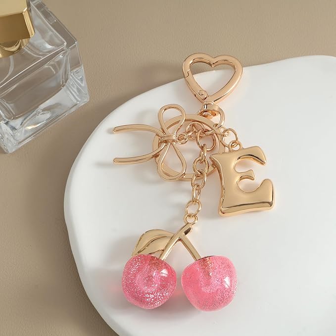 Snycler Bubble Initial Keychain with Cherry & Bow - Gold Letter Bag Charms for Women, Cute Purse Handbag Accessories