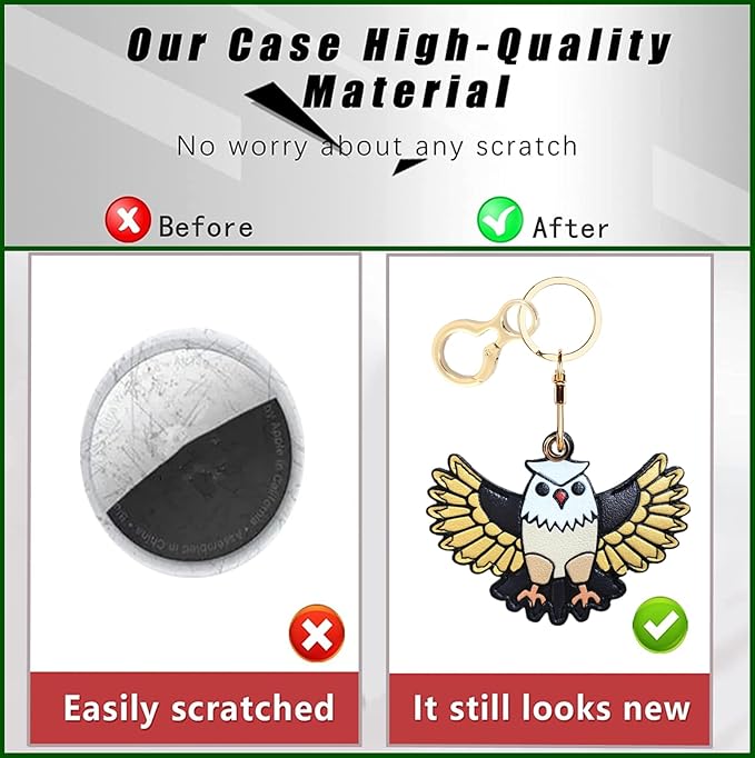 Leather Keychain Holder Case Compatible with AirTag,Cute Protective Cover with Keyring,Anti-Scratch Finder GPS Tracker Case for Wallet Keys,Bag,Pets(Owl Yellow)