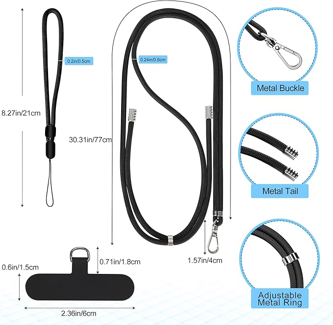 takyu Phone Lanyard, 2 Pack Adjustable Cell Phone Lanyard Crossbody Neck Strap & 2 Pack Phone Wrist Strap with 2 PcsTether Tabs Compatible for iPhone Android Smartphones-Black Grey