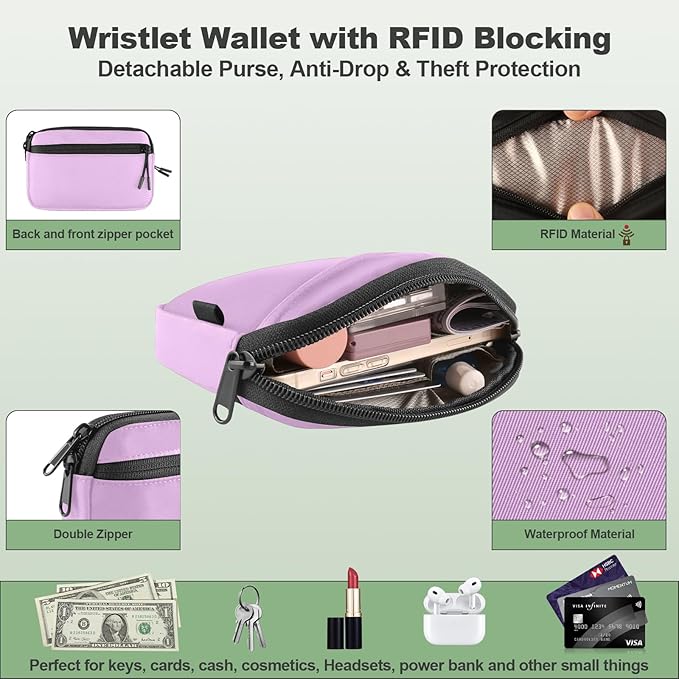 Clip and Go Strap for Phone with Wallet Crossbody, Adjustable Phone Lanyard with Detachable RFID Wristlet Wallet & Ultra-Thin 360° Rotatable Metal Tabs for All Smartphones (Purple)