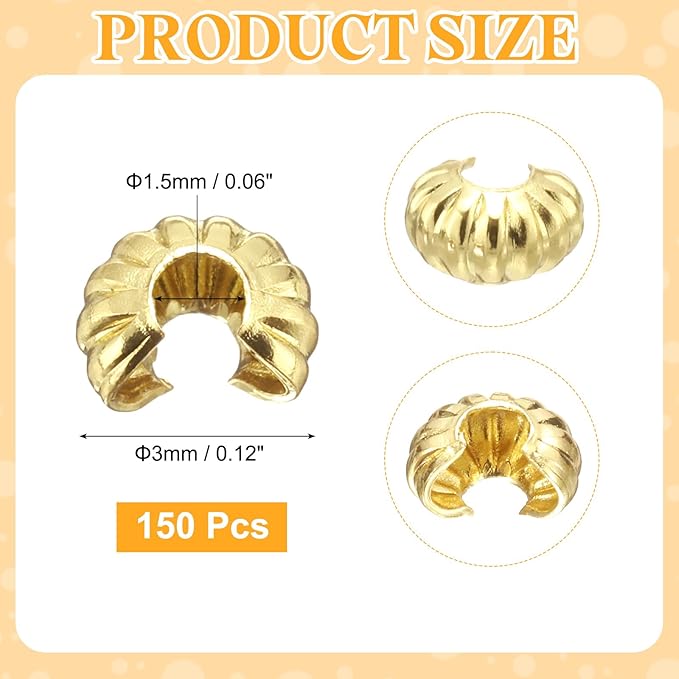 uxcell 150 Pcs Crimp Bead Covers, 3mm/0.12" Half Round Open Crimp Beads Knot Cover, Small Loose Beads End Tip Caps for Bracelet Jewelry Making Craft DIY, Gold