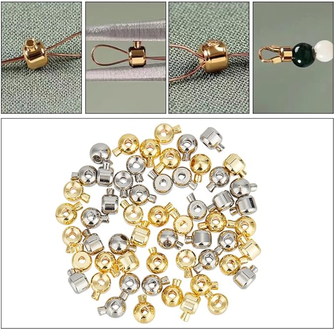 arricraft 56 Pcs Brass Crimp Beads, 2 Colors Column Beads Cord End Caps Rondelle Metal Crimp Beads Tube Crimp End Beads for DIY Crafts Necklace Bracelet Jewelry Making