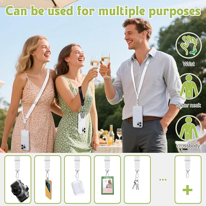 takyu Phone Lanyard, 2 Pack Adjustable Crossbody Neck/Wrist Strap with 2 PcsTether Pads, Secure Hands-Free Compatible for iPhone Samsung Perfect for Nurses, Teachers, Travel, Hiking Black+White