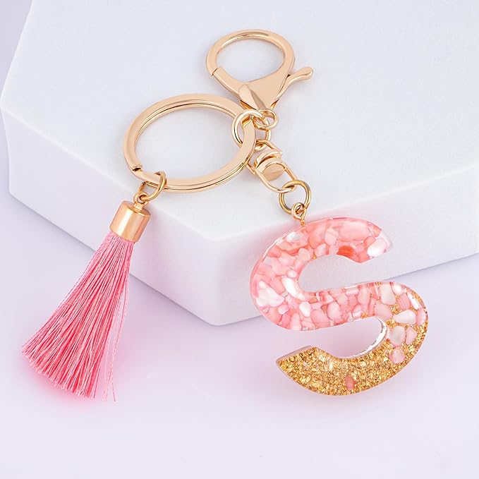 Suweibuke Cute Pink Key Chains for Women Girls, Initial Letter Keychains with Tassel, Charms for Key Purse Handbags Backpacks