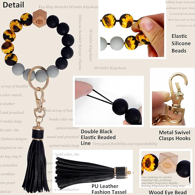 BIHRTC Key Ring Bracelet Car Keychain Holder Wristlet Silicone Women Beaded Bangle Chains