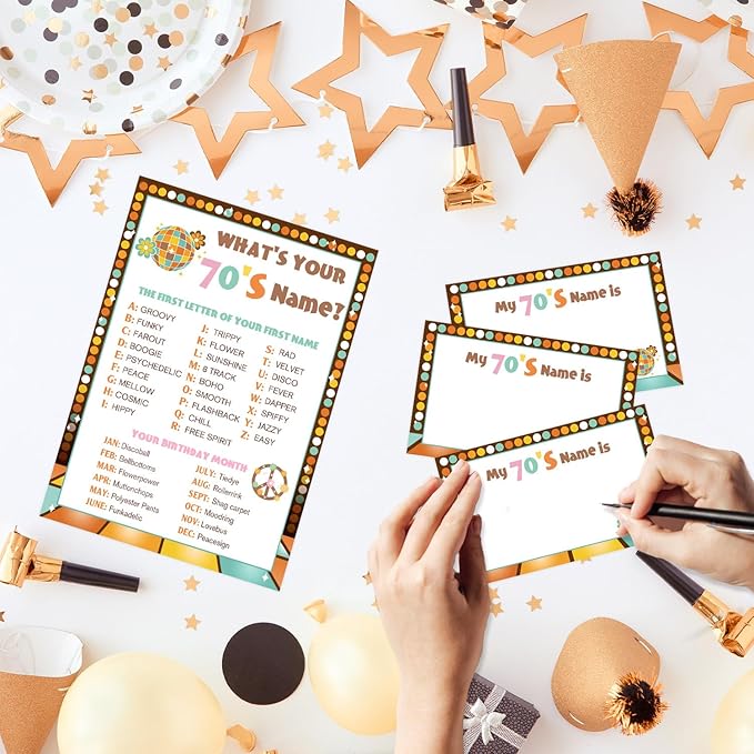 What's Your 1970's Name Game, 1 Double Sided Sign & 30 Sticker Cards, Disco Themed Birthday Party Games for Adults & Kids, Perfect for 70's Themed Party Decorations, Fun for 30 People