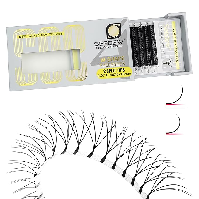 SEEDEW 4D-Double Tips Lash Extensions, 0.07mm C Curl MIX8-15mm 12 Rows/Tray, W Shape 4DD Flat Stem, PBT Volume Eyelashes for Beginner Artist, Lash Tech, Beauty Salon(4DD-Matte Black-0.07-C-MIX8-15mm)