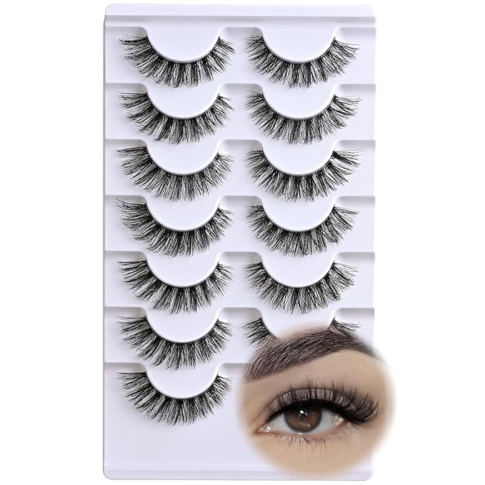 APCYUST Lashes Wispy False Eyelashes Natural Cat Eye Strip Lash Fluffy Fake Lashes Strips Clear Band Mink Eyelash Natural Look Cateye Demi Wispies Eye Lashes Pack 7 Pairs Short Full Pestañas Set