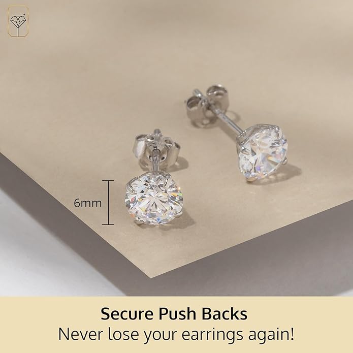 14k Gold Solitaire Round Cubic Zirconia Earrings Studs for Women & Men | Anti Tarnishing CZ Stud Earrings with 14k Gold Butterfly Pushbacks | 4MM-7.5MM by MAX + STONE