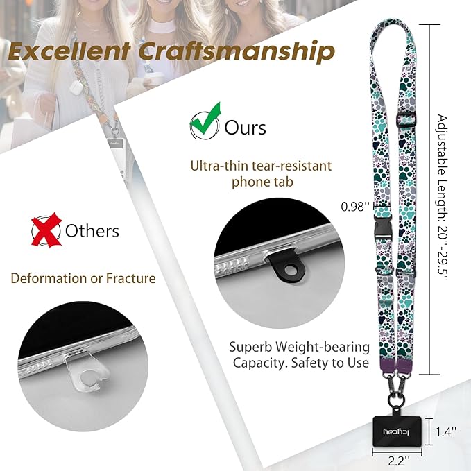 Phone Lanyard Crossbody, Dog Paw Cell Phone Lanyard for Around The Neck Adjustable Phone Strap, Anti Theft Cute Lanyard for iPhone Case ID Holder Keys Phone Accessories Travel Essential