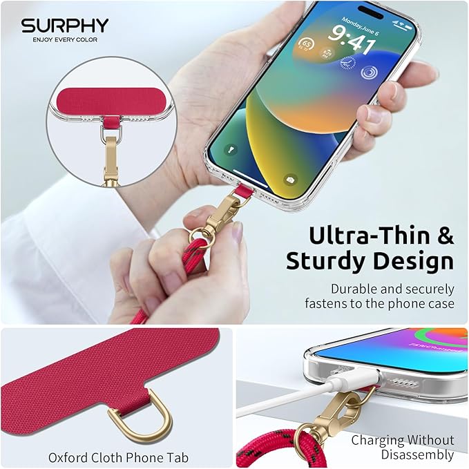 SURPHY Phone Lanyard Crossbody, Adjustable Cell Phone Lanyard with 2 Pack Phone Tether Tab, Two-Color Braided Phone Strap (Christmas Red)
