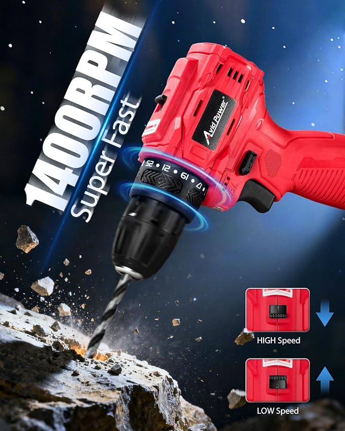 AVID POWER Brushless Power Drill Set, 2-Speed Control, 3/8-Inch Keyless Chuck & 25+1 Position, 12V Electric Drill Cordless Driver Kit with 2000mAh Battery, Charger and 22pcs Accessories