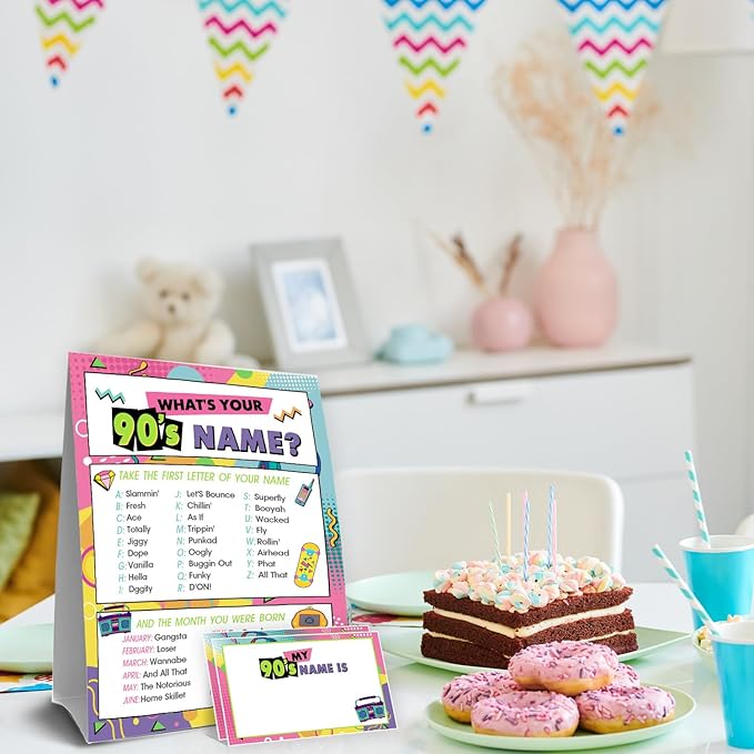 90s Theme Party Decorations, 90'S Theme Birthday Party Sign Decoration for Boys Girls, Kids Activity Cards, What's Your 90'S Name, Activity Decoration Supplies
