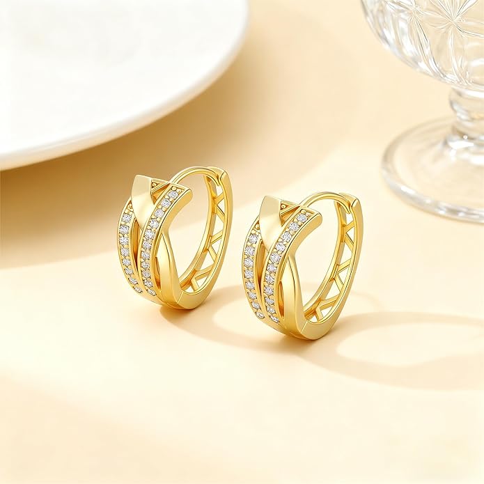 14K Gold Plated Hoop Earrings 14 Karat Gold Plated Earrings for Women Thick Small Diamond Hoop Earring X-shaped Hoops Earring for Women 20MM