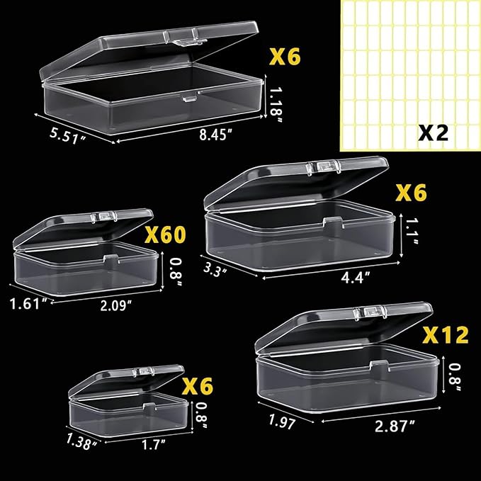 Bead storage container,90pcs of different sizes rectangular mini clear plastic storage box with hinged lid and label for bracelet making DIY jewelry craft nail organizer,(Mix Size-1)
