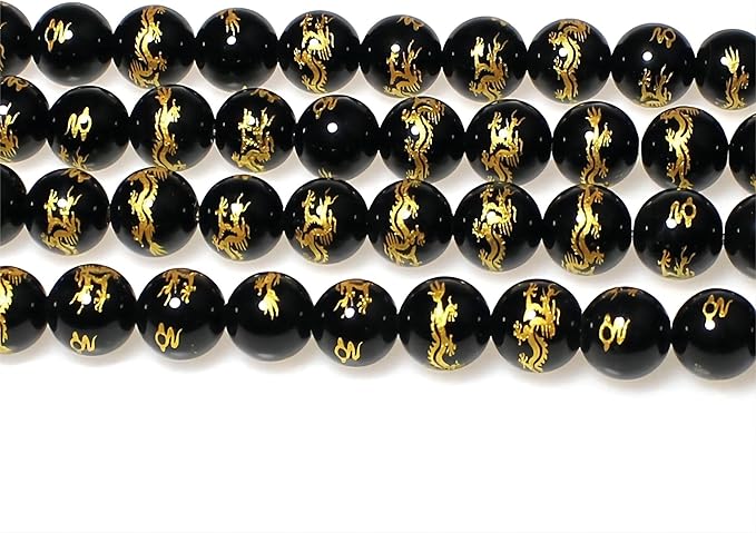 MJDCB Natural Stone Beads 14mm 25pcs Round Black Onyx Carved Dragon Loose Gemstone Bead Charms for Jewelry Making Bracelet Necklace Earring Pendant