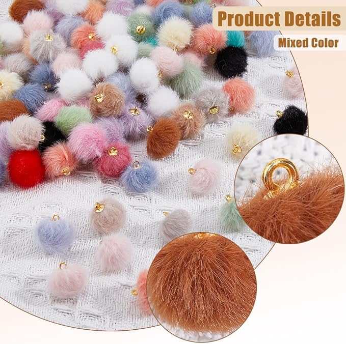 100pcs Pom Poms Ball Charms Colorful Fluffy Plush Balls with Tiny Loop Round Faux Fur Fluffy Pendant Ball Charms for Keychain Earring Necklace