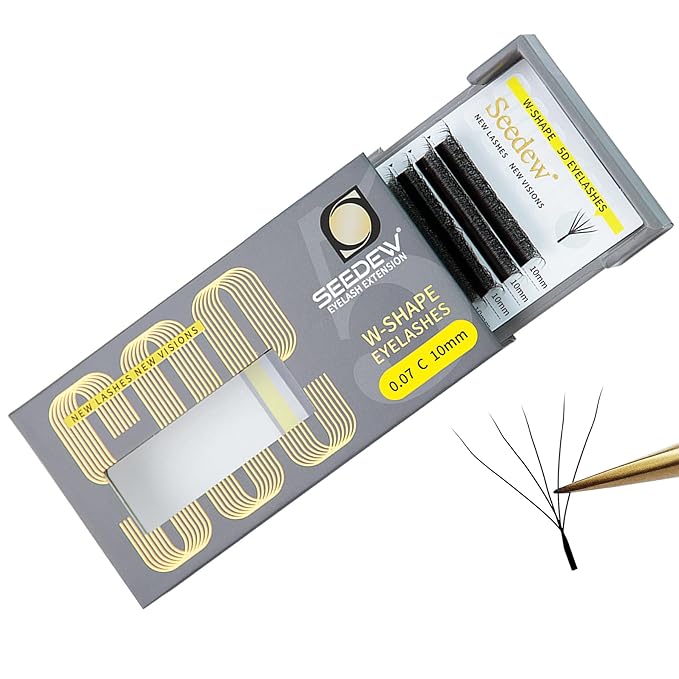 SEEDEW 5D Lash Extensions, 0.07mm C Curl 10mm 12 Rows/Tray, W Shape Flat Stem, Korean PBT Volume False Eyelashes Grafting for Beginner Artist, Lash Tech, Beauty Salon(5D-Matte Black-0.07-C-10mm)