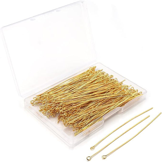 200 Pcs 70mm/2.76 Inch 21 Gauge Eye Pins for Jewelry Making Straight Head Ball Pin for DIY Christmas Styles Craft Earring Bracelet Necklace Pendant Making (Eye Pins,Gold Color)