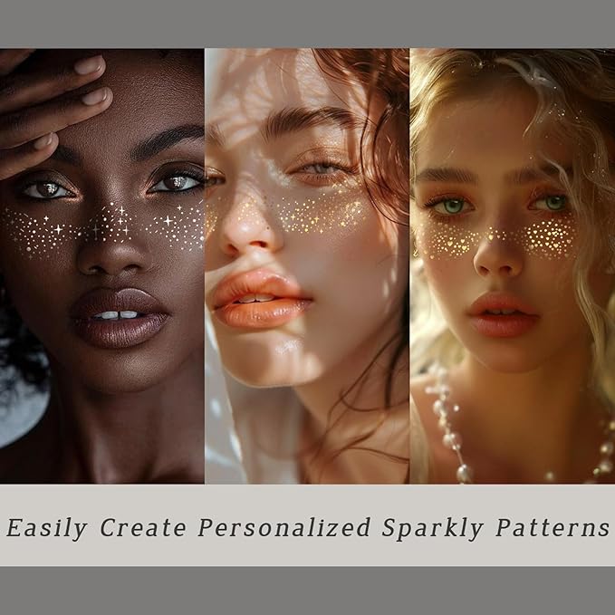 HOSAILY 6 PCS Glitter Freckles Face Tattoo, Gold & Silver Waterproof Face Sparkle Speckles Patches for Women, Cute Star Metallic Glitter Temporary Tattoo Makeup Accessories for Festival #Set B